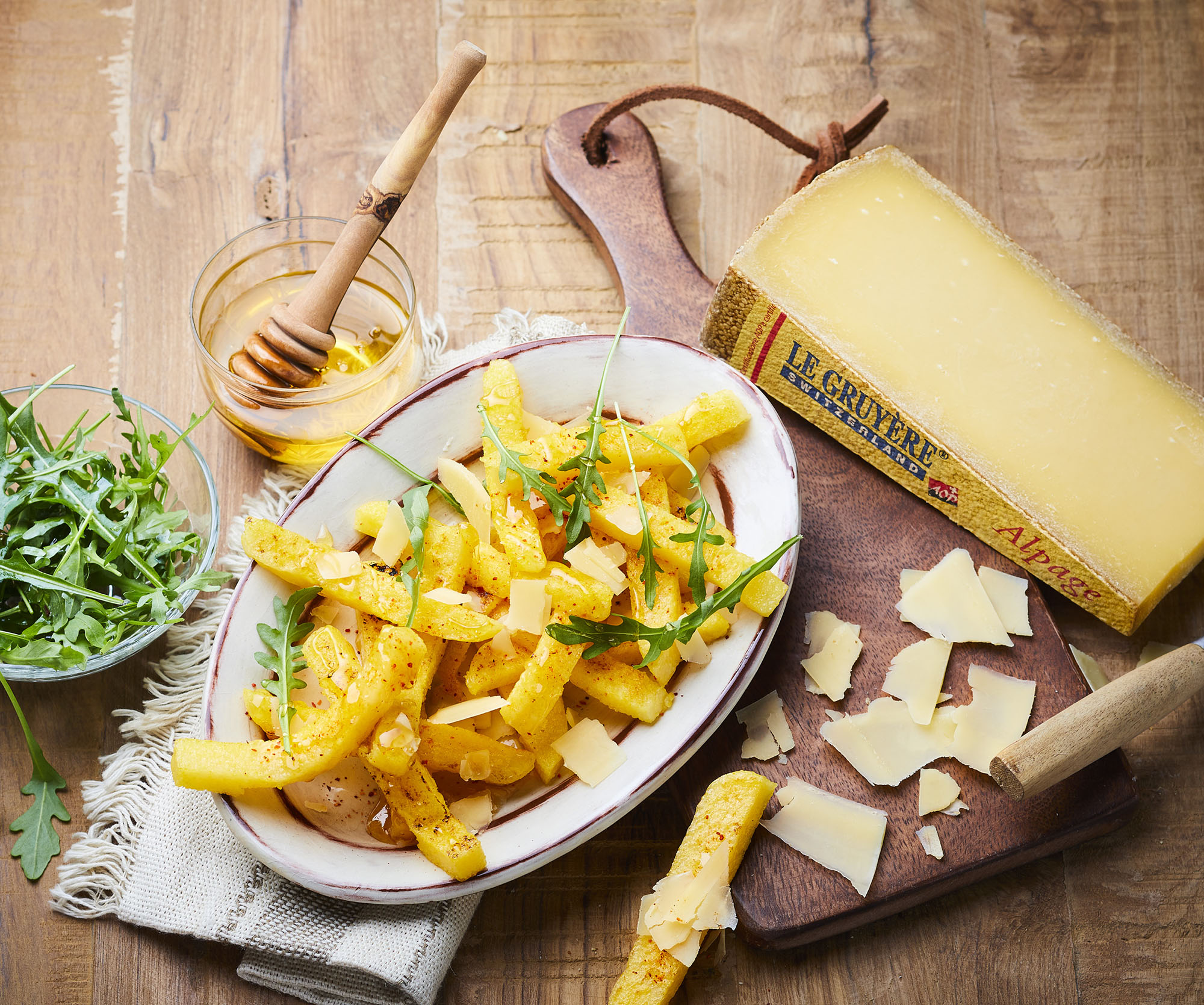 Frites de Polenta, Gruyère d’Alpage AOP & Miel de Montagne