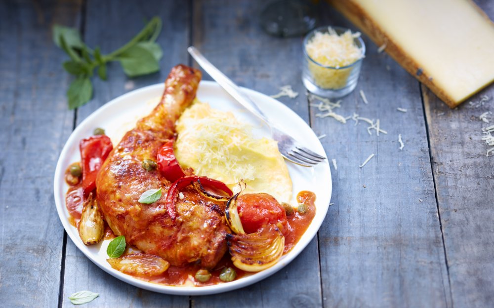 Poulet à la Cacciatora et purée de polenta gratinée au Gruyère AOP suisse Réserve